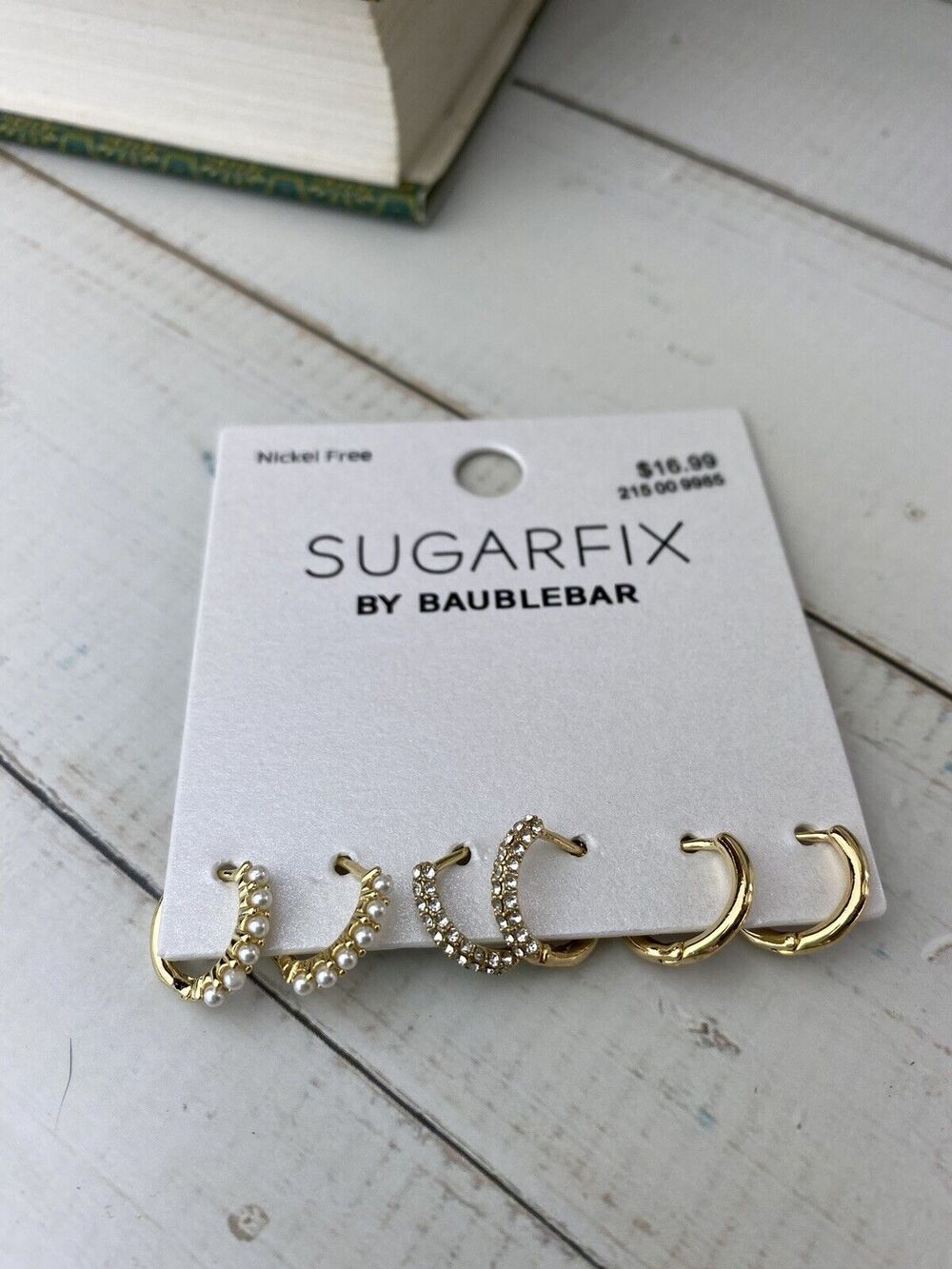 New Sugarfix by Baublebar Crystal ,Gold & Pearl Hoop Earrings Set 3 pc